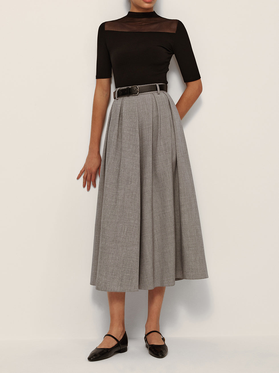 Pleated Check Midi Skirt in Grey — Svelte Chic
