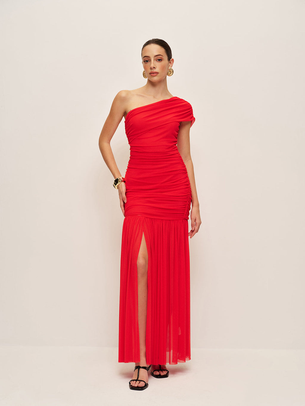 Ruched One Shoulder Split Maxi Dress in Red — Svelte Chic