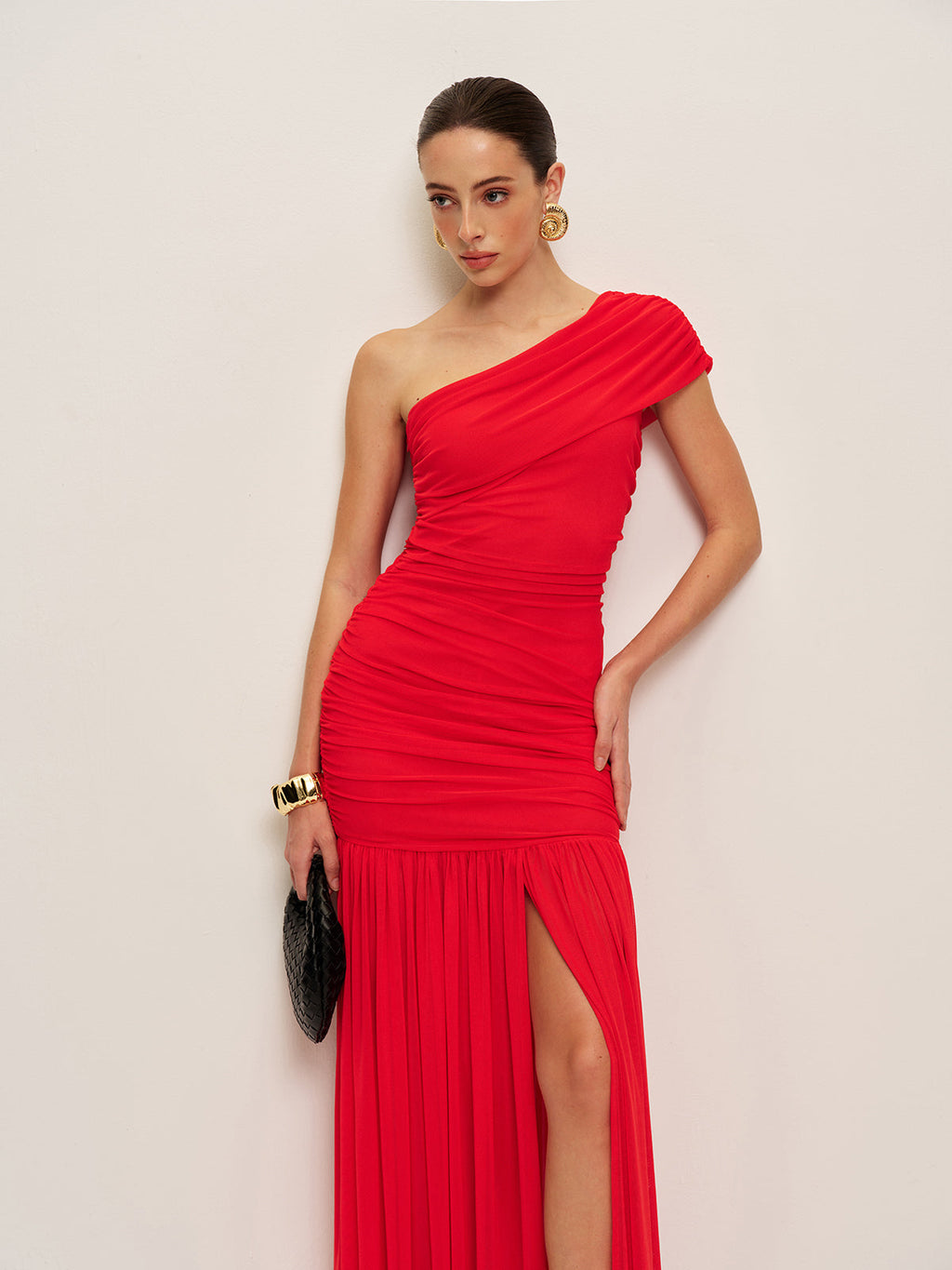 Ruched One Shoulder Split Maxi Dress — Svelte Chic