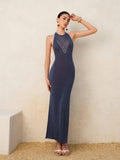 Halter Backless Knit Maxi Dress in Blue — Svelte Chic