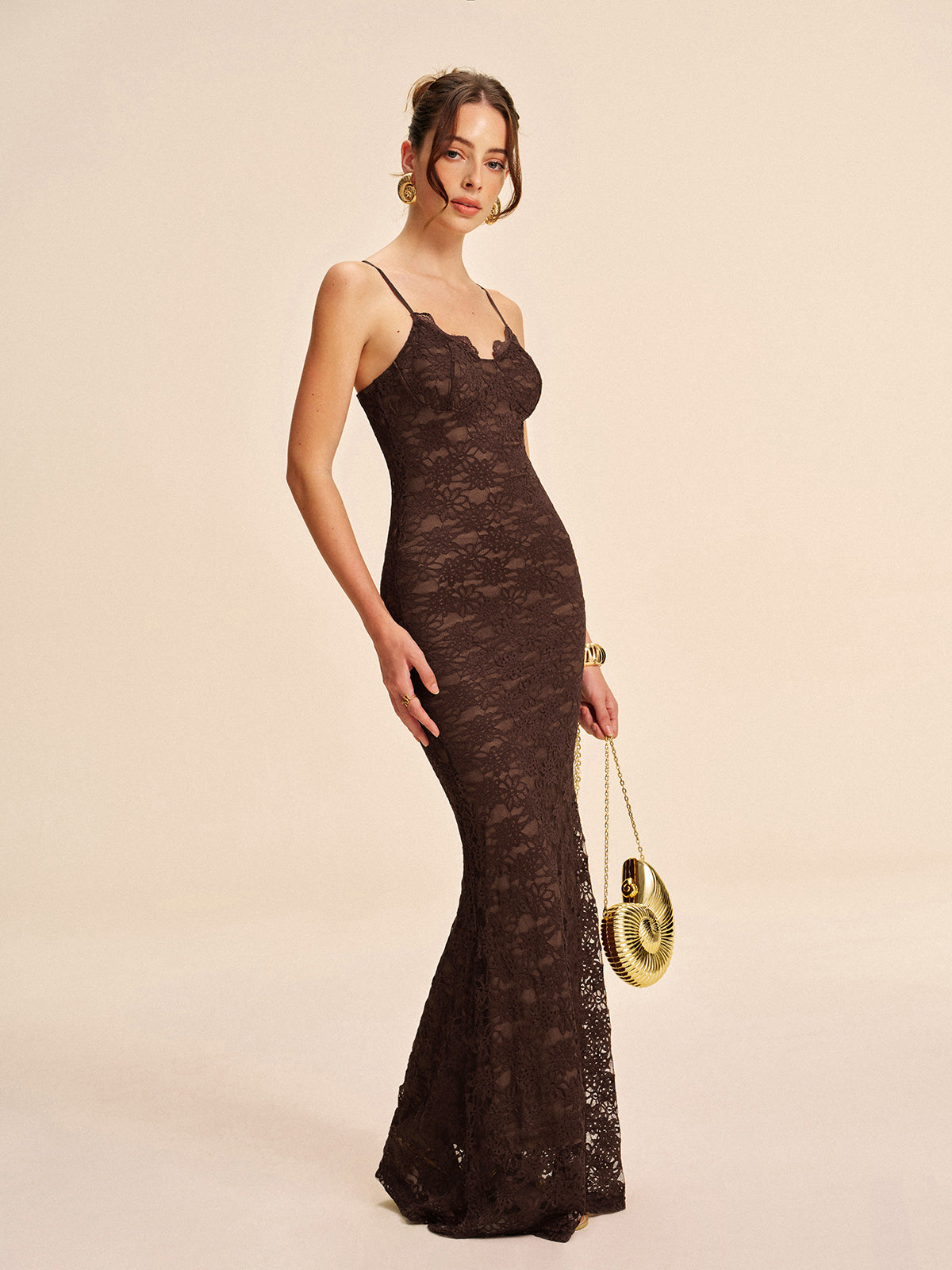 Lace Cami Maxi Dress in Dark Brown — Svelte Chic