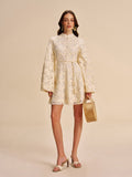 Beaded Lace Belted Mini Dress in Off-White — Svelte Chic