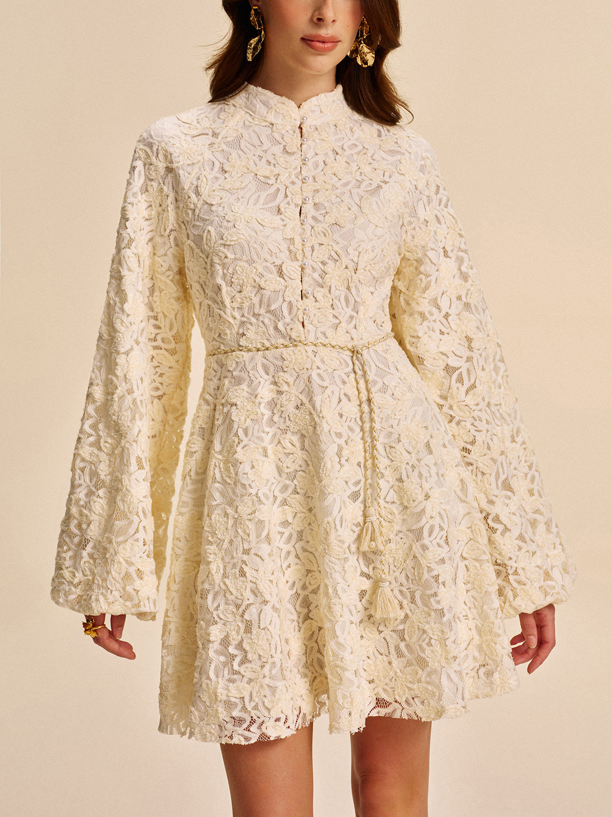 Beaded Lace Belted Mini Dress — Svelte Chic