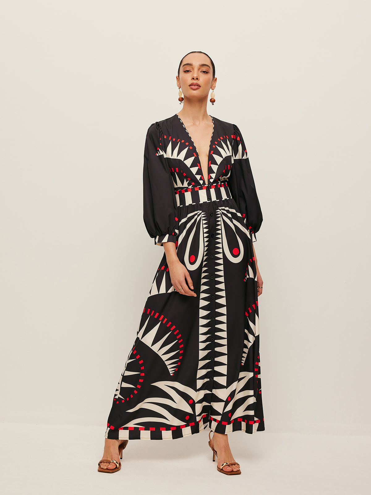 Geometric Print V-Neck Split Maxi Dress — Svelte Chic