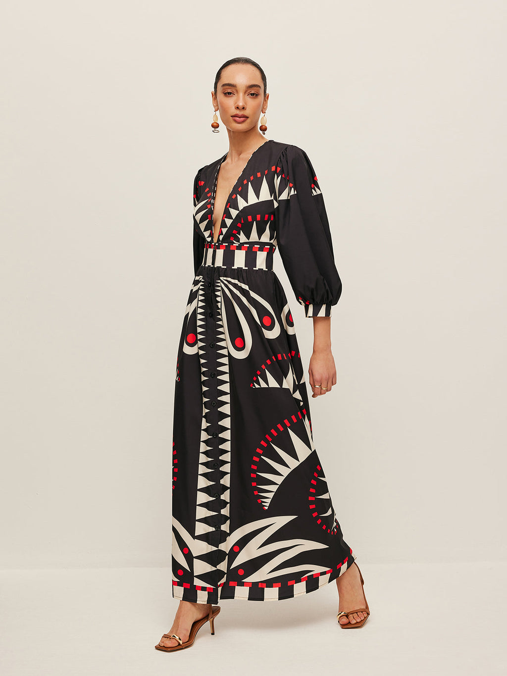 Geometric Print V-Neck Split Maxi Dress — Svelte Chic