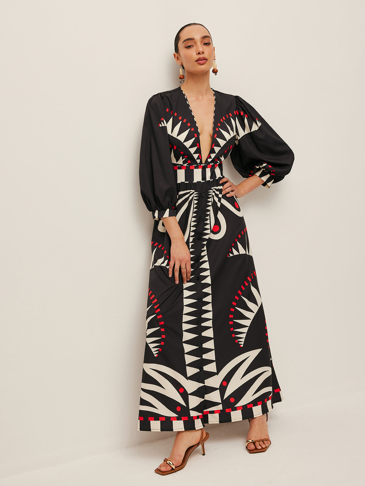 Geometric Print V-Neck Split Maxi Dress — Svelte Chic