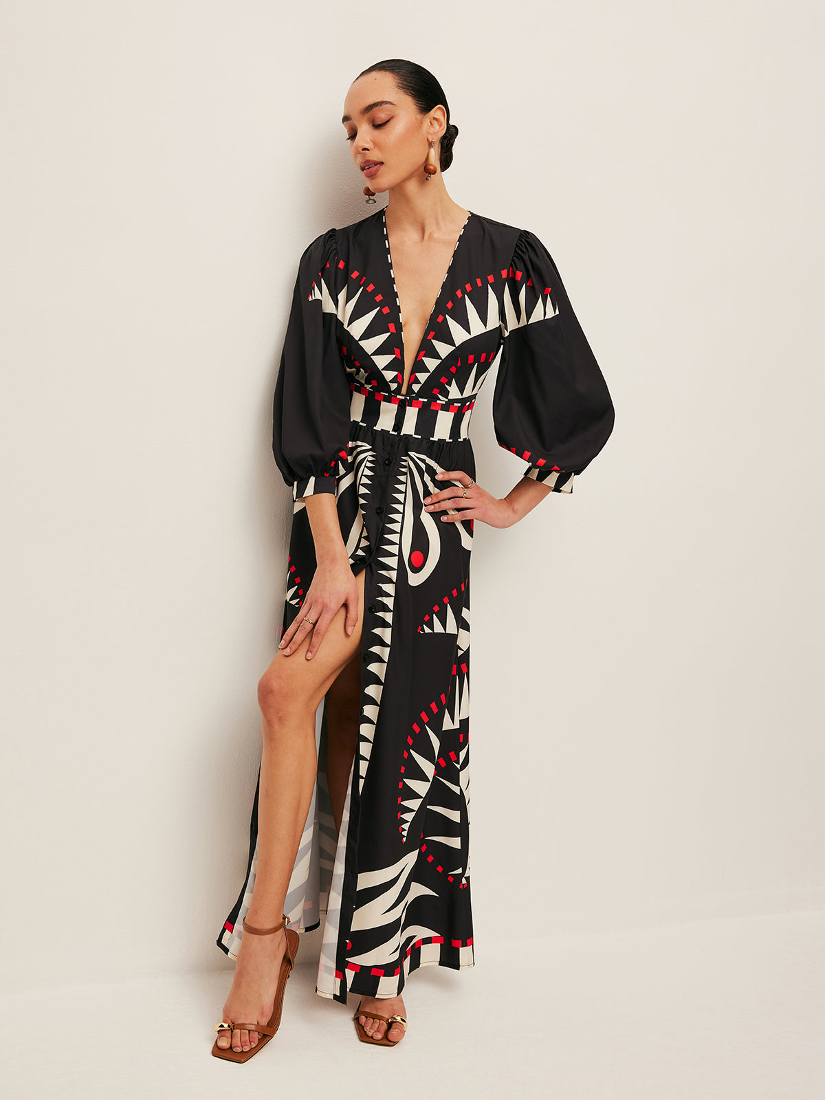 Geometric Print V-Neck Split Maxi Dress — Svelte Chic