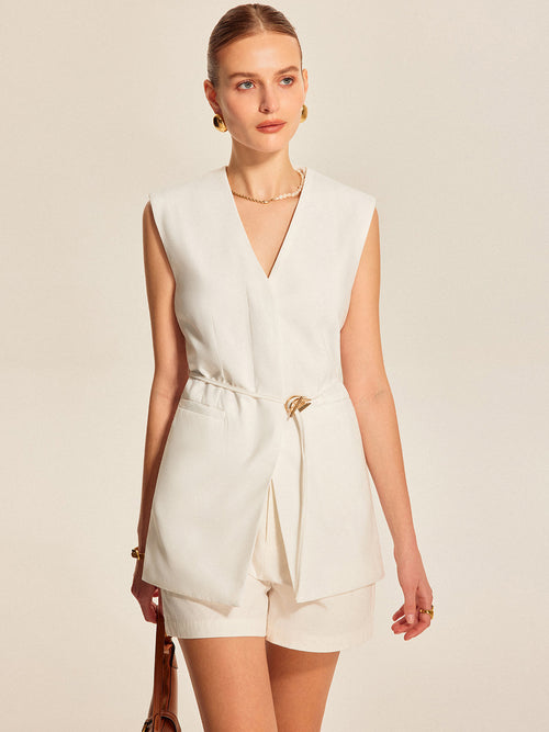 Belted V-Neck Sleeveless Vest — Svelte Chic