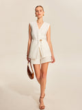 Belted V-Neck Sleeveless Vest in White — Svelte Chic