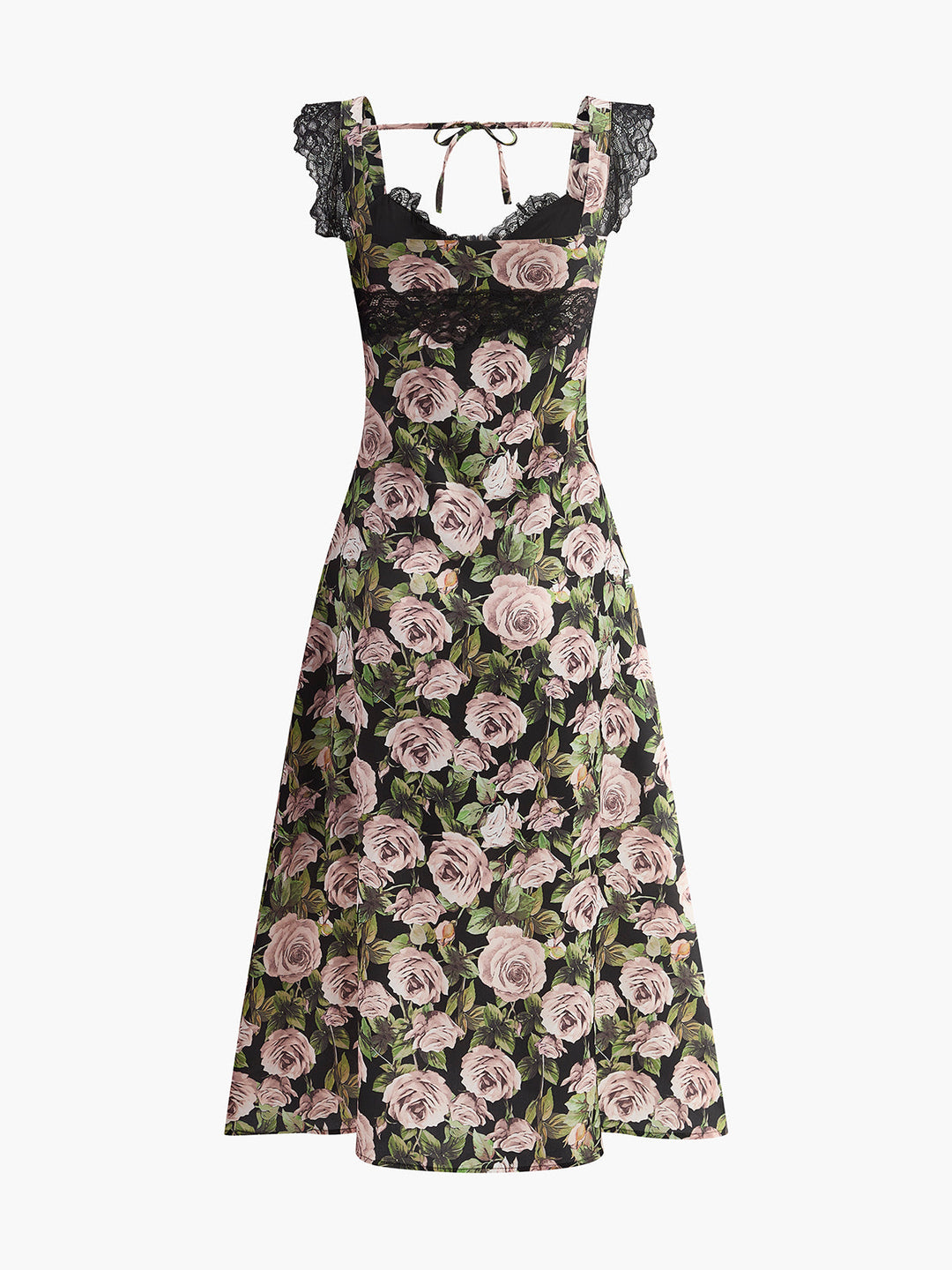 Çiçek Desenli Dantel Kenar Detaylı Bağlamalı Elbise