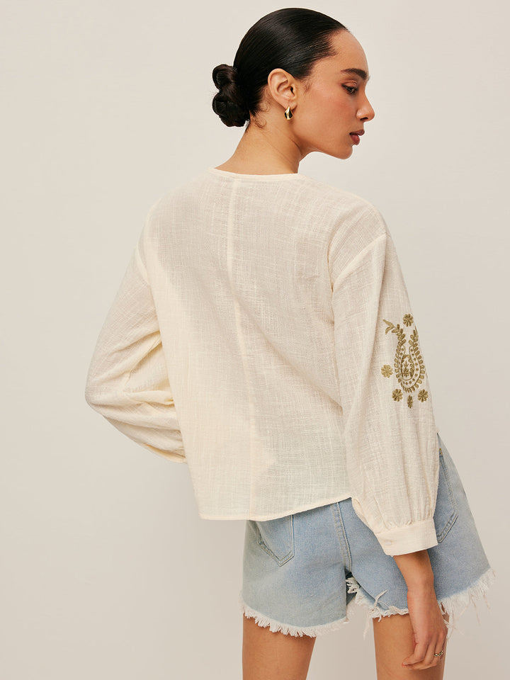 Şık Bohem Nakışlı Bluz
