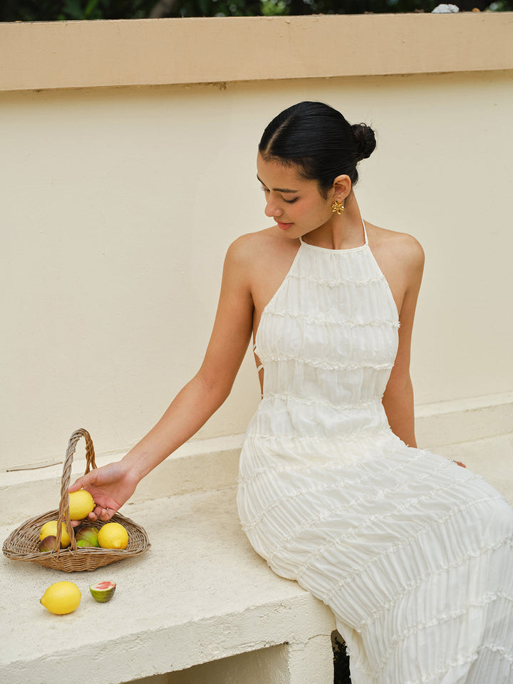 Şık Volanlı Yarım Askılı Elbise, Şeritli Arka Tasarım