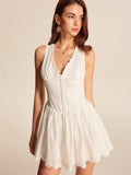 Embroidered V-Neck Cotton Dress in White — Svelte Chic