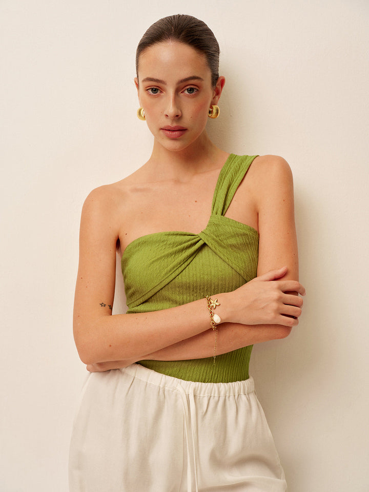 Şık Tek Omuzlu Büzgülü Dönüşlü Mayo