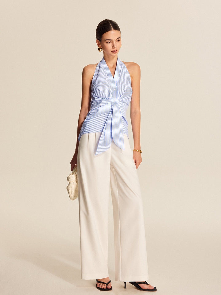 Стилна блуза с райета и връзки на деколтето