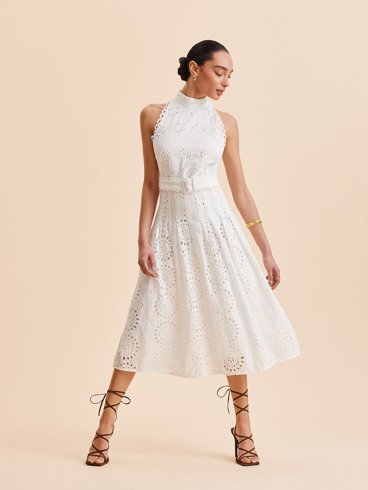 Eyelet Lace Belted A-Line Maxi Dress — Svelte Chic
