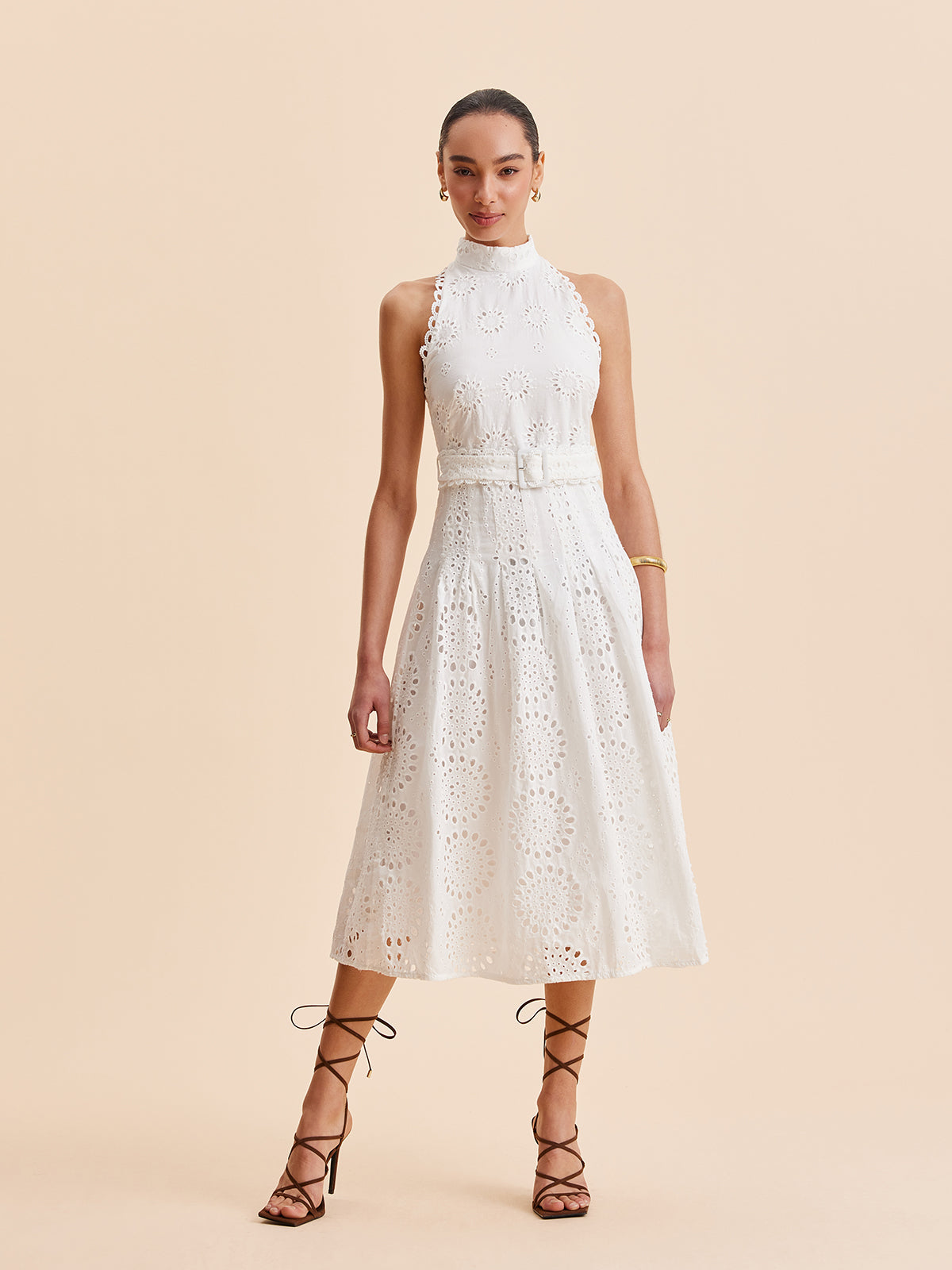 Eyelet Lace Belted A-Line Maxi Dress — Svelte Chic