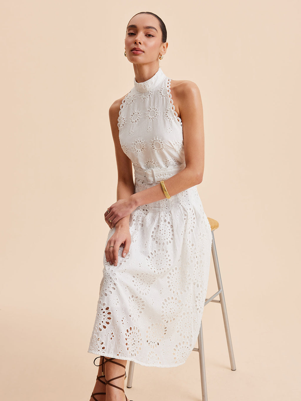 Eyelet Lace Belted A-Line Maxi Dress — Svelte Chic