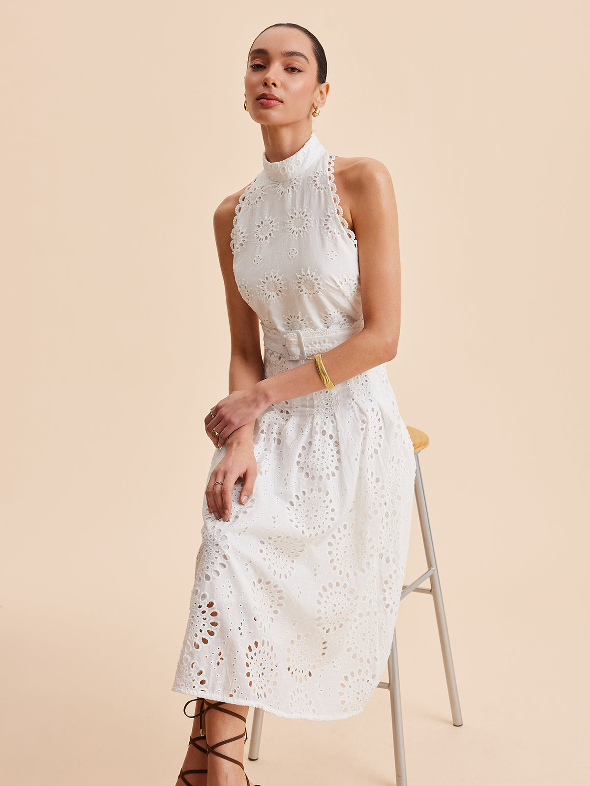 Eyelet Lace Belted A-Line Maxi Dress in White — Svelte Chic