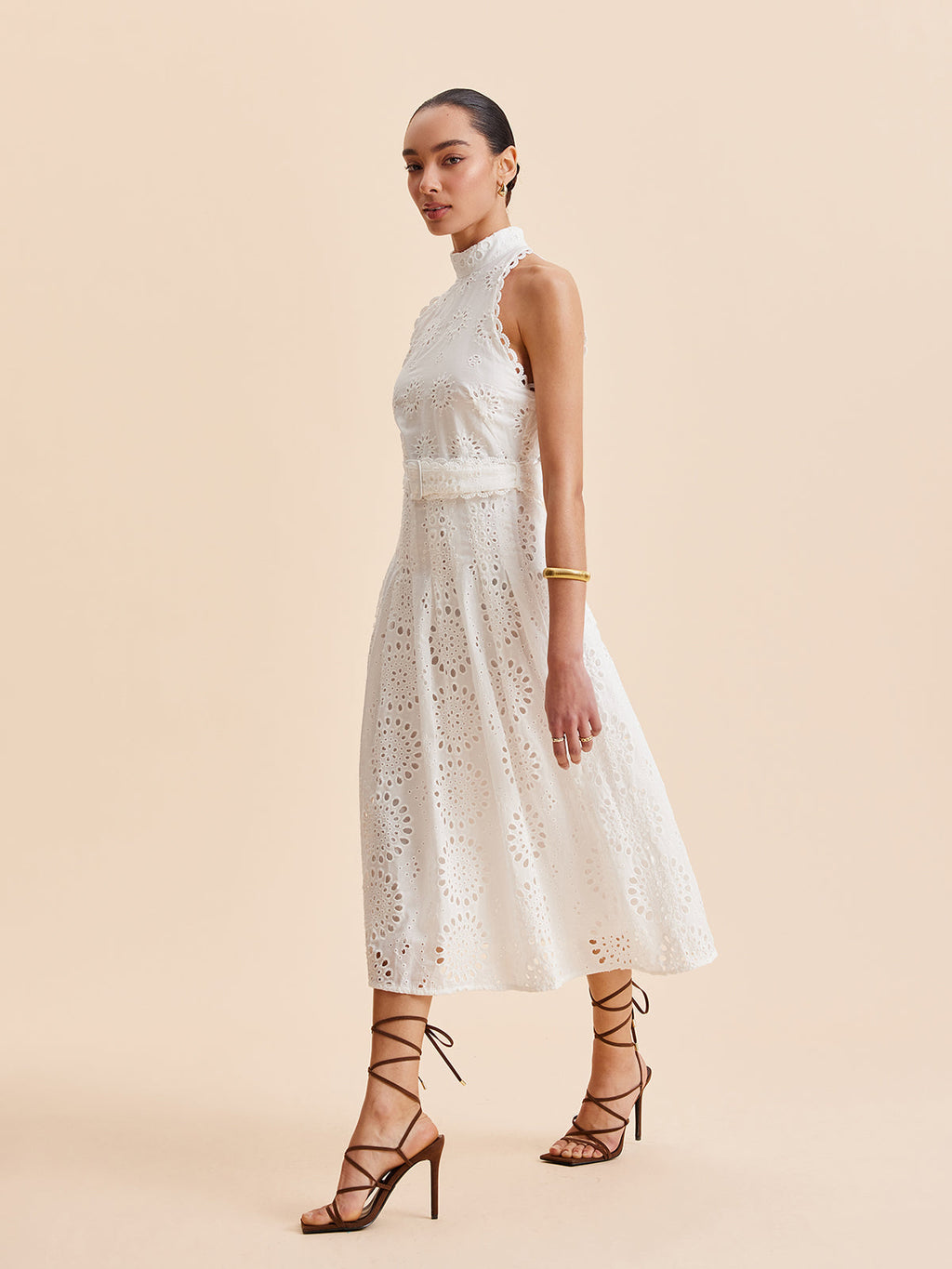 Eyelet Lace Belted A-Line Maxi Dress — Svelte Chic