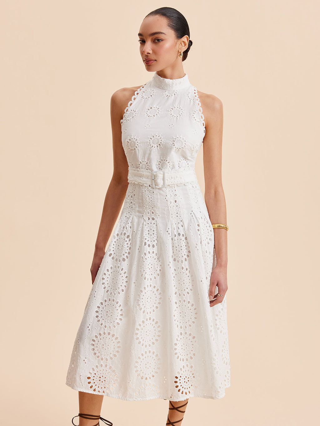 Eyelet Lace Belted A-Line Maxi Dress — Svelte Chic