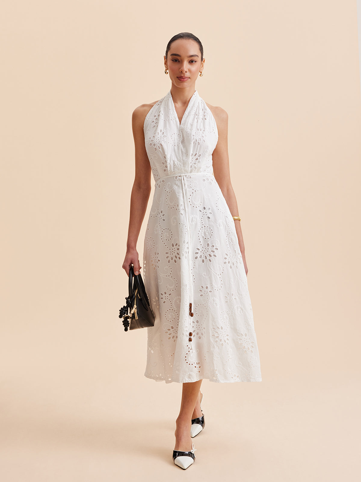 Halter Eyelet Belted Midi Dress — Svelte Chic