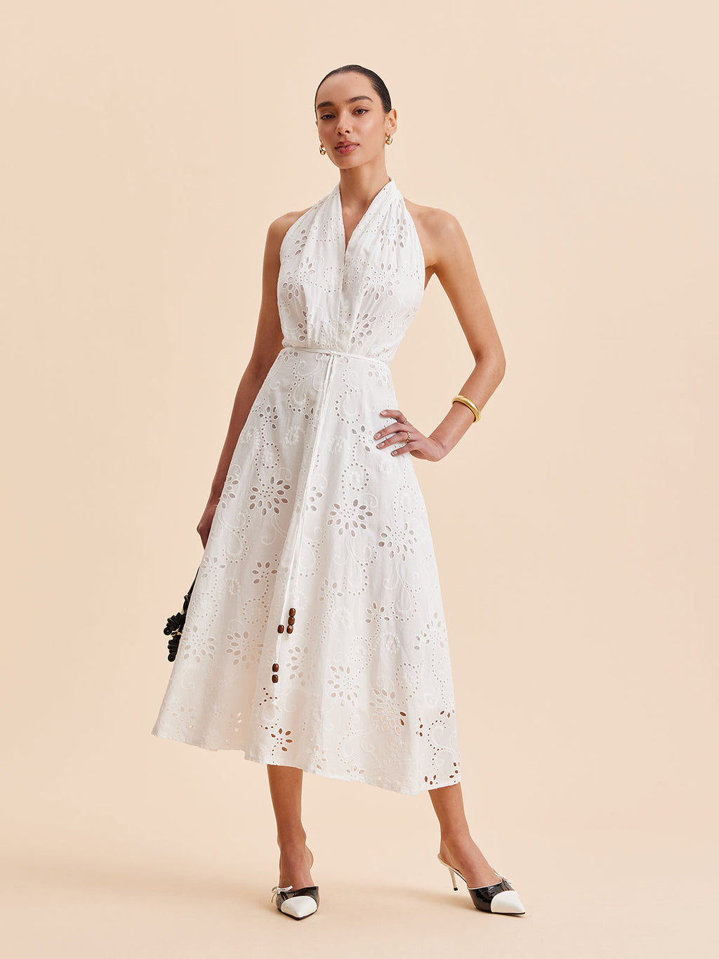 Halter Eyelet Belted Midi Dress — Svelte Chic