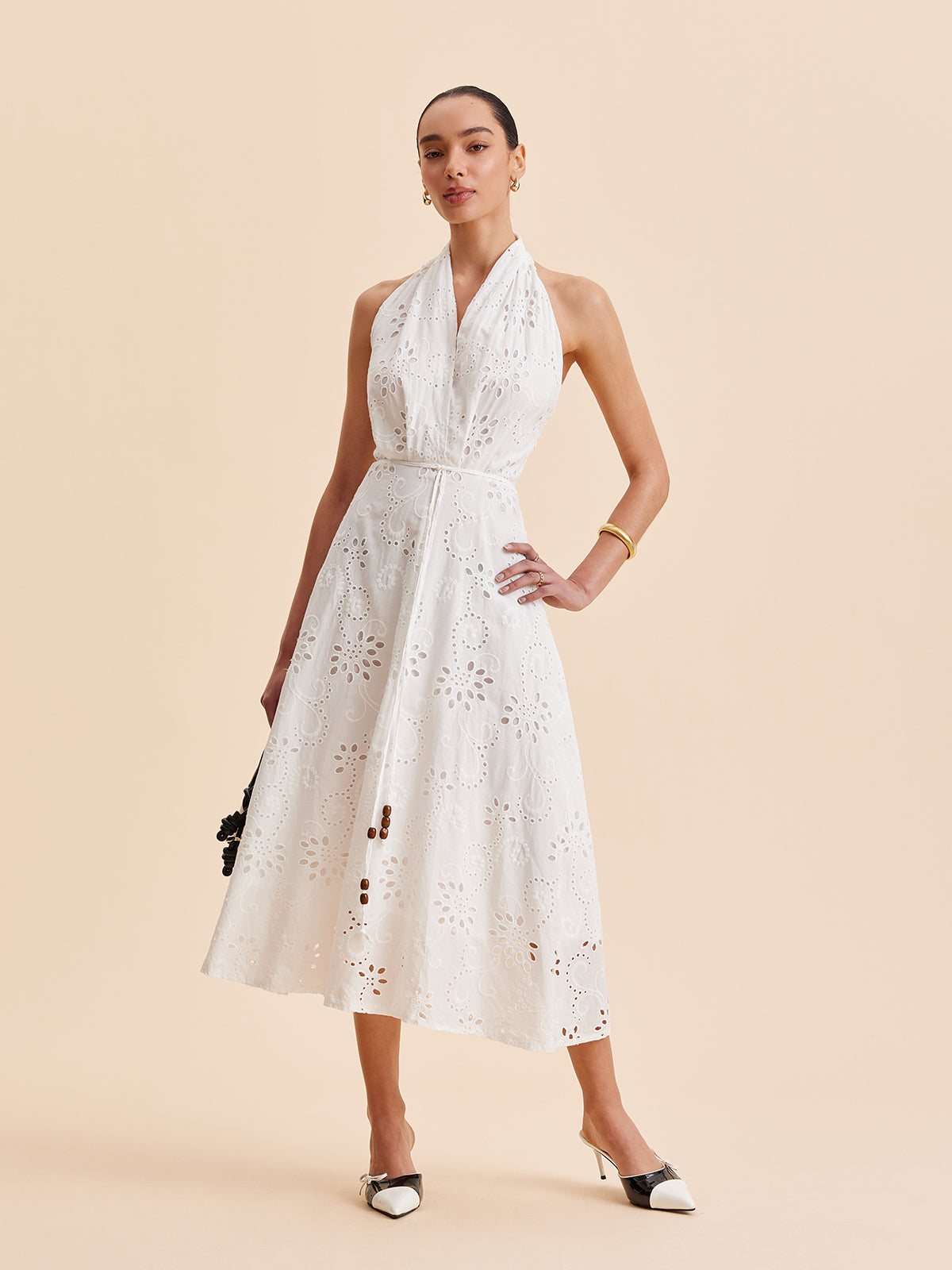 Halter Eyelet Belted Midi Dress — Svelte Chic