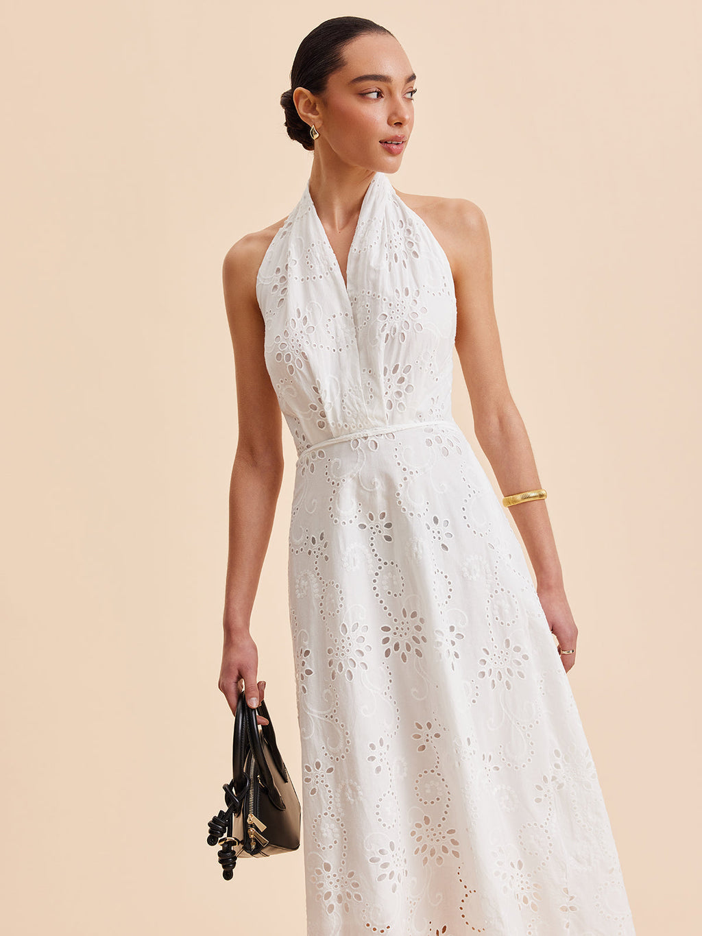 Halter Eyelet Belted Midi Dress — Svelte Chic