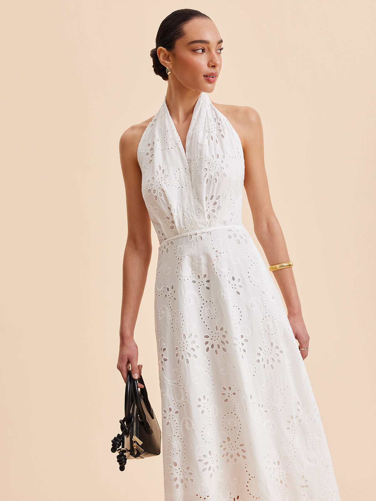 Halter Eyelet Belted Midi Dress — Svelte Chic