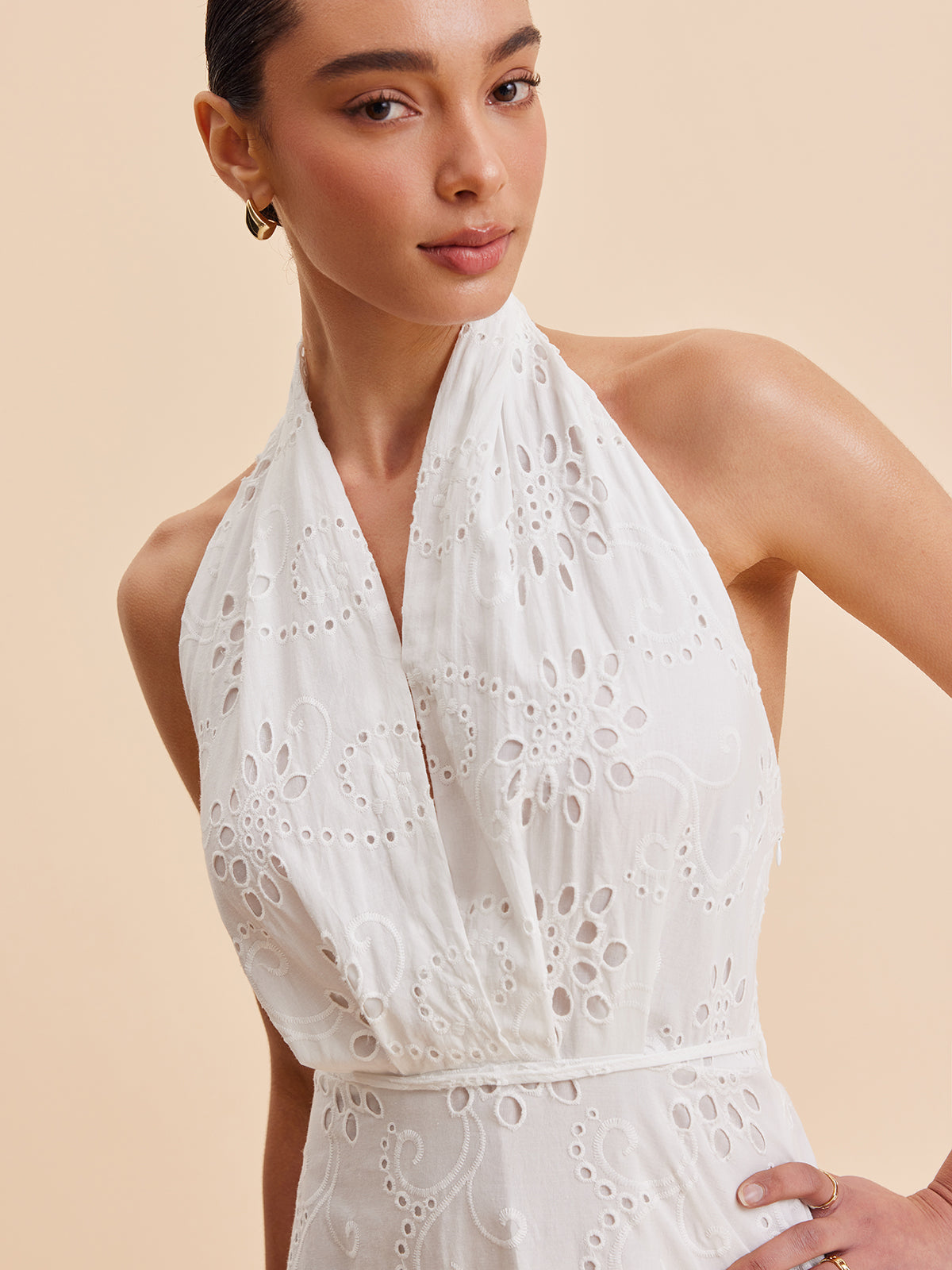 Halter Eyelet Belted Midi Dress — Svelte Chic