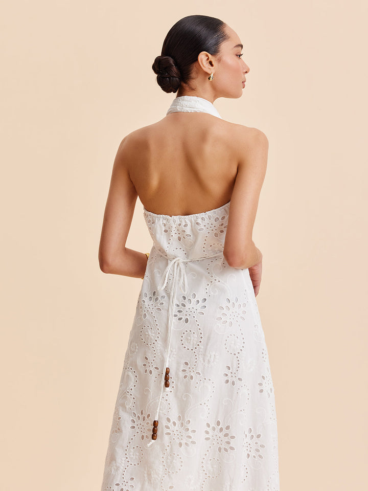 Şık Halter Yaka Göz Detaylı Kemerli Abiye Midi Elbise