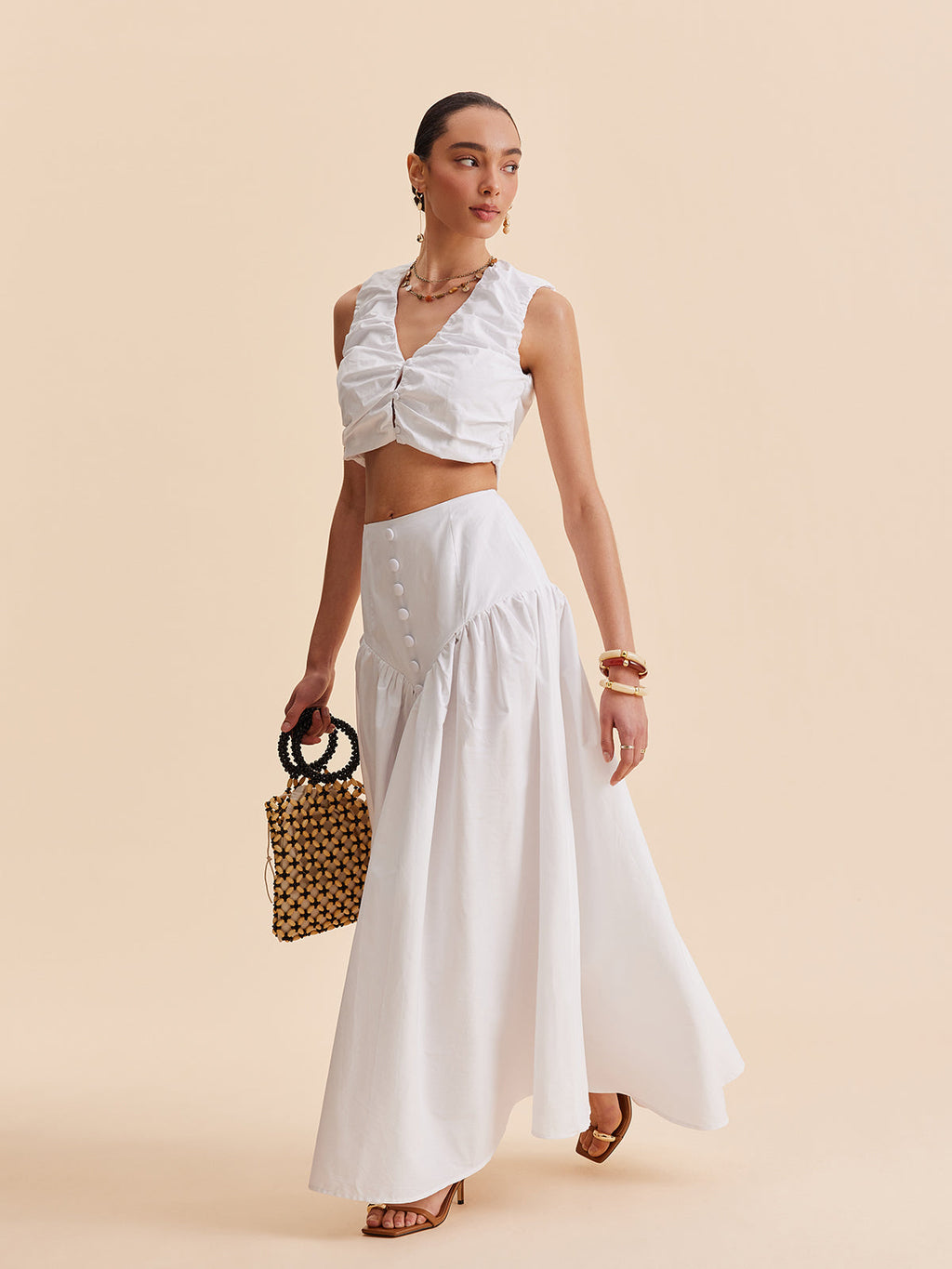 Pleated Cropped Top and Button Skirt Set in White — Svelte Chic