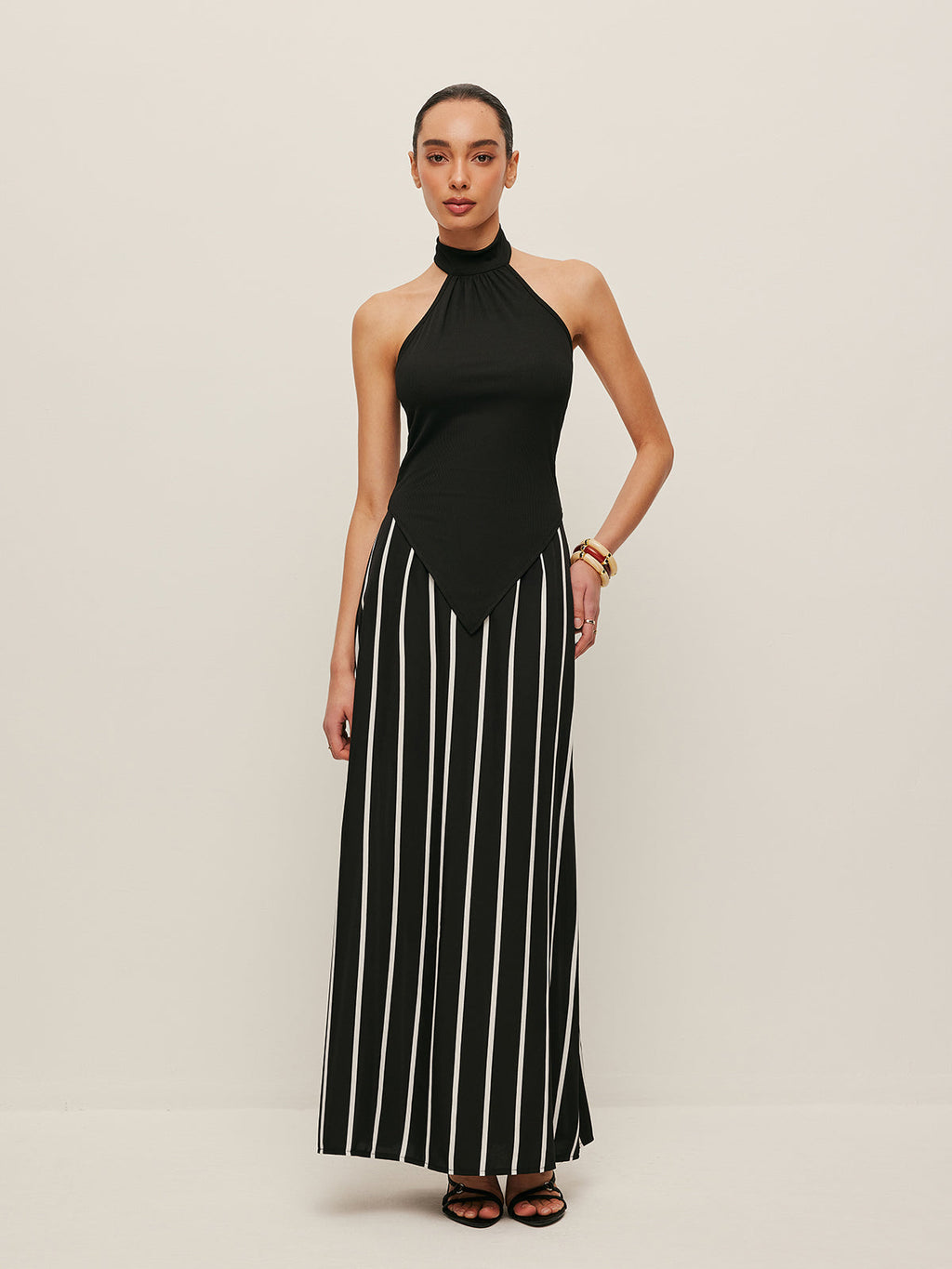 High Neck Asymmetric Stripe Skirt Set — Svelte Chic