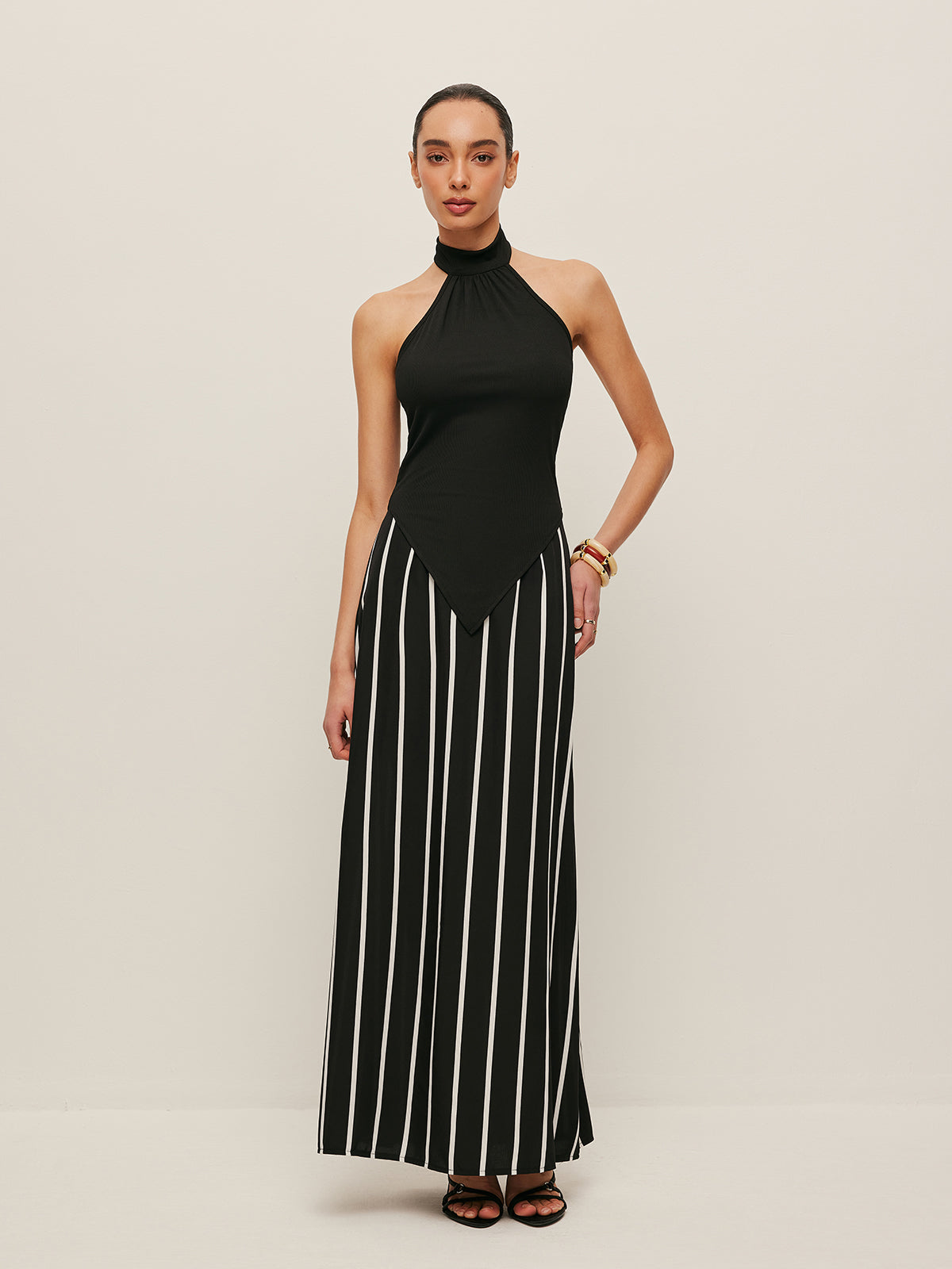 High Neck Asymmetric Stripe Skirt Set — Svelte Chic