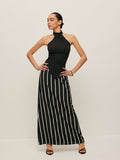 High Neck Asymmetric Stripe Skirt Set in Black — Svelte Chic