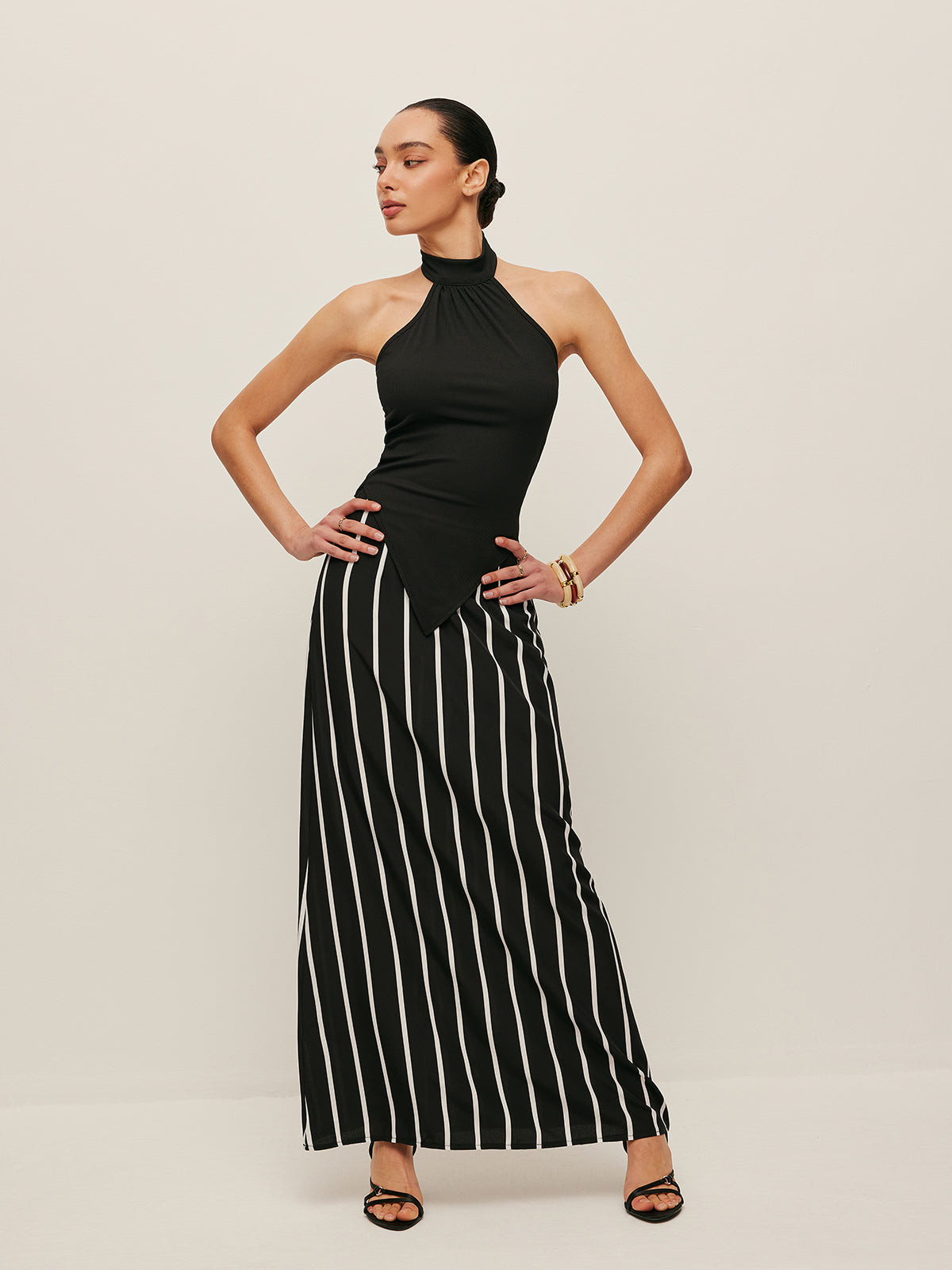 High Neck Asymmetric Stripe Skirt Set in Black — Svelte Chic