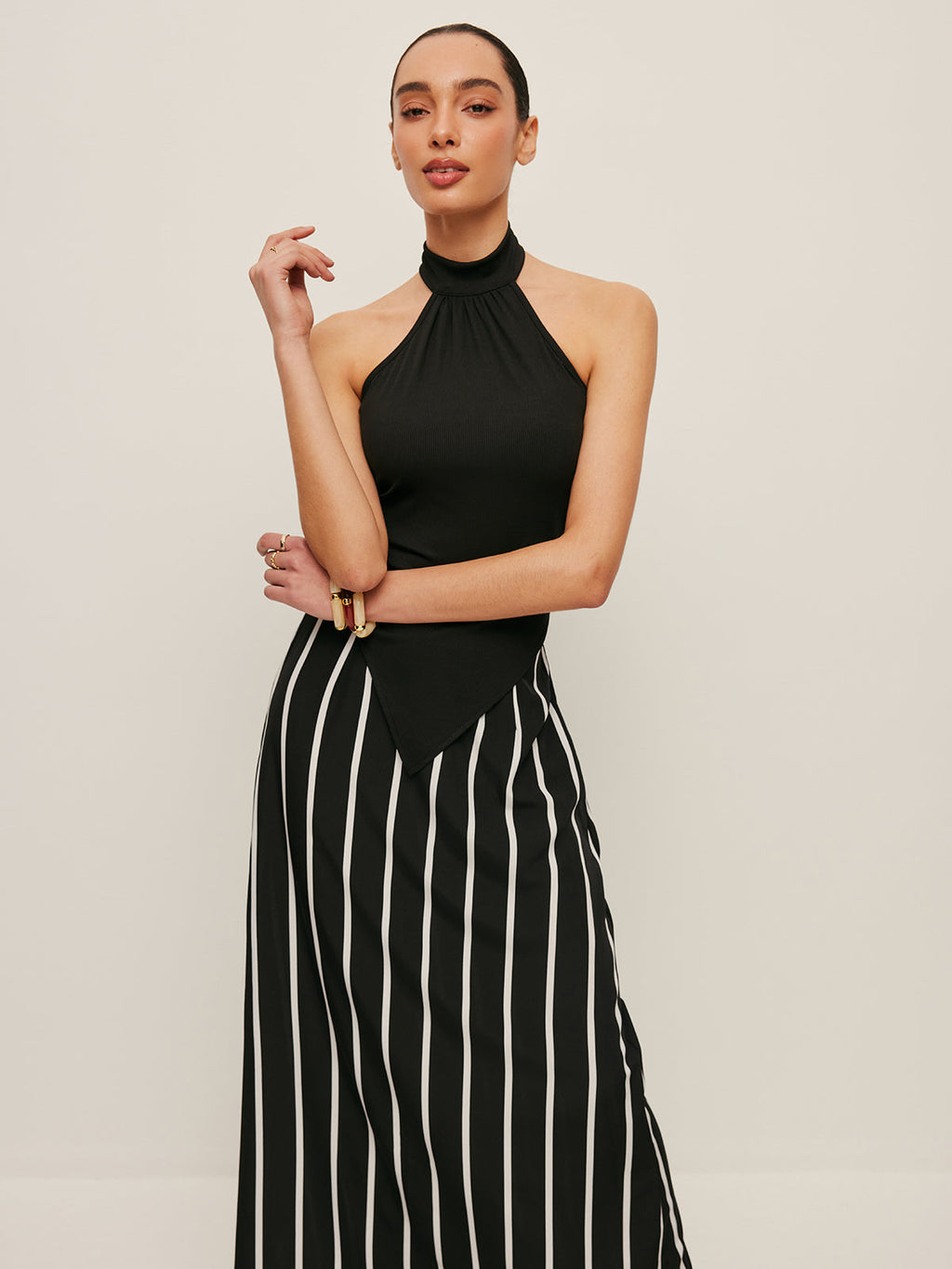 High Neck Asymmetric Stripe Skirt Set — Svelte Chic