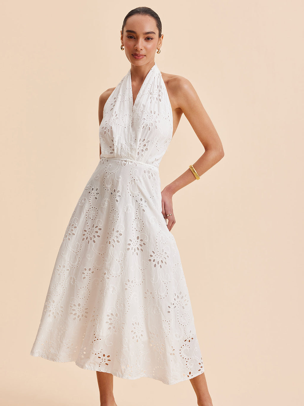 Halter Eyelet Belted Midi Dress — Svelte Chic