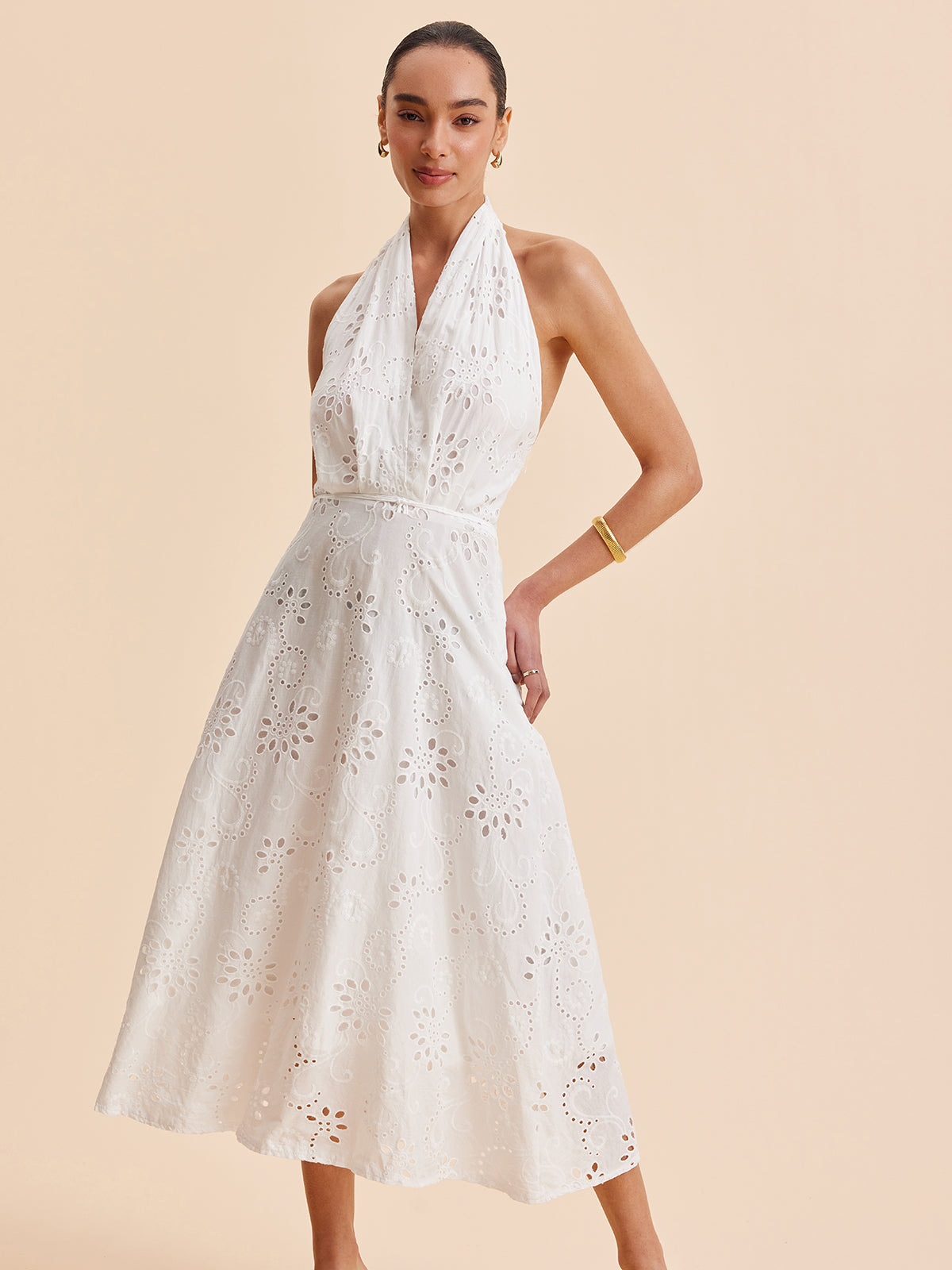Halter Eyelet Belted Midi Dress — Svelte Chic