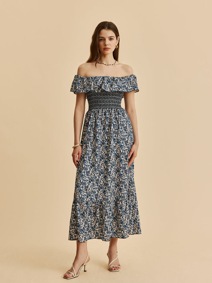 Şık Boho Off-Shoulder Çiçekli Volan Elbise Şaşırtıcı Ayrıntılarla