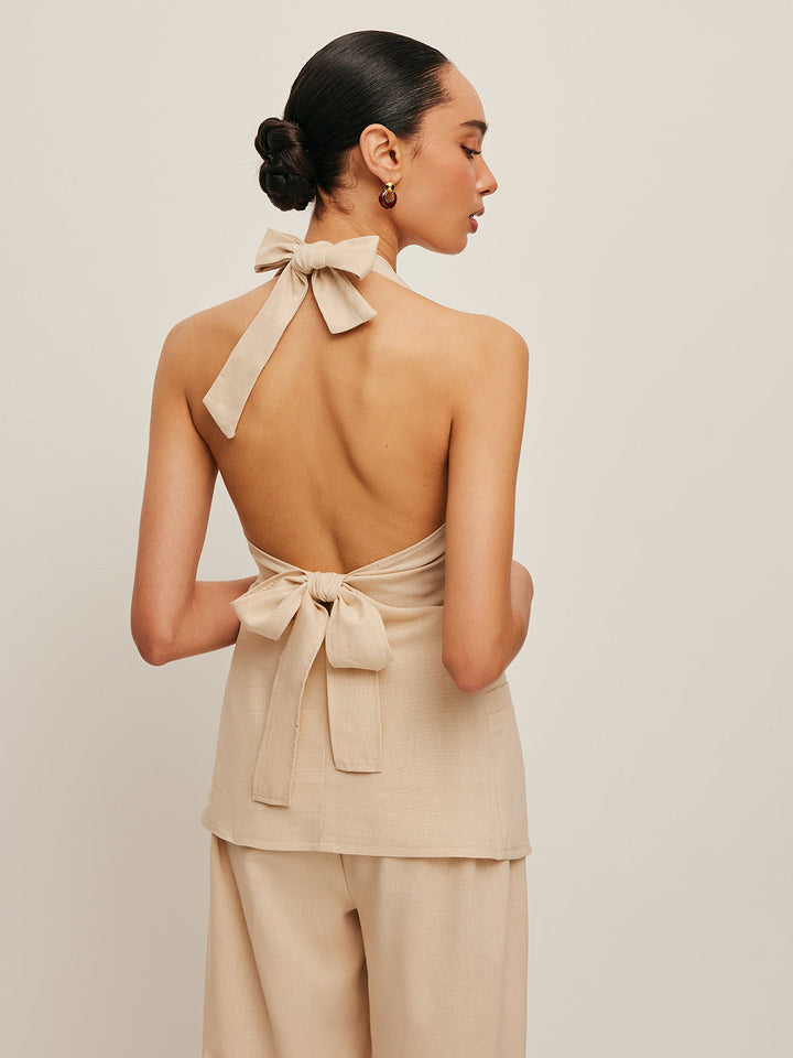 Şık Halter Yaka Fiyonk Detaylı İki Parça Pantolon Takımı