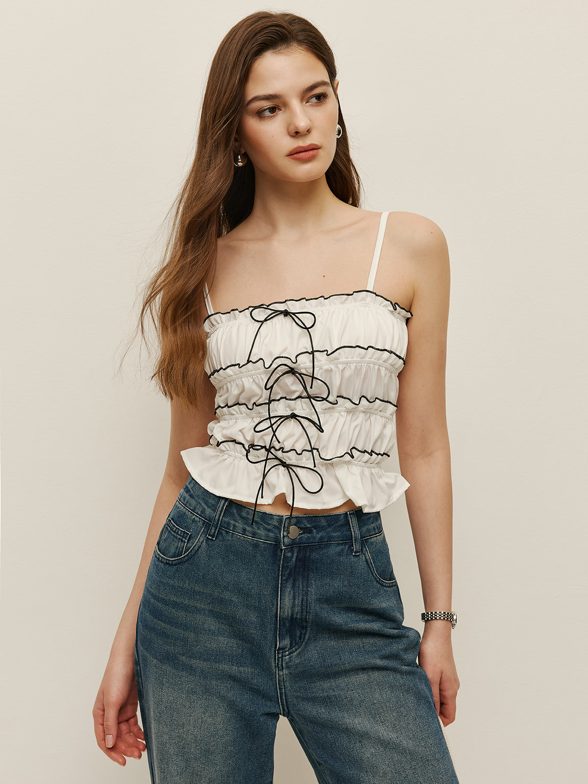 Contrast Trim Lace Up Cami Top in White — Svelte Chic