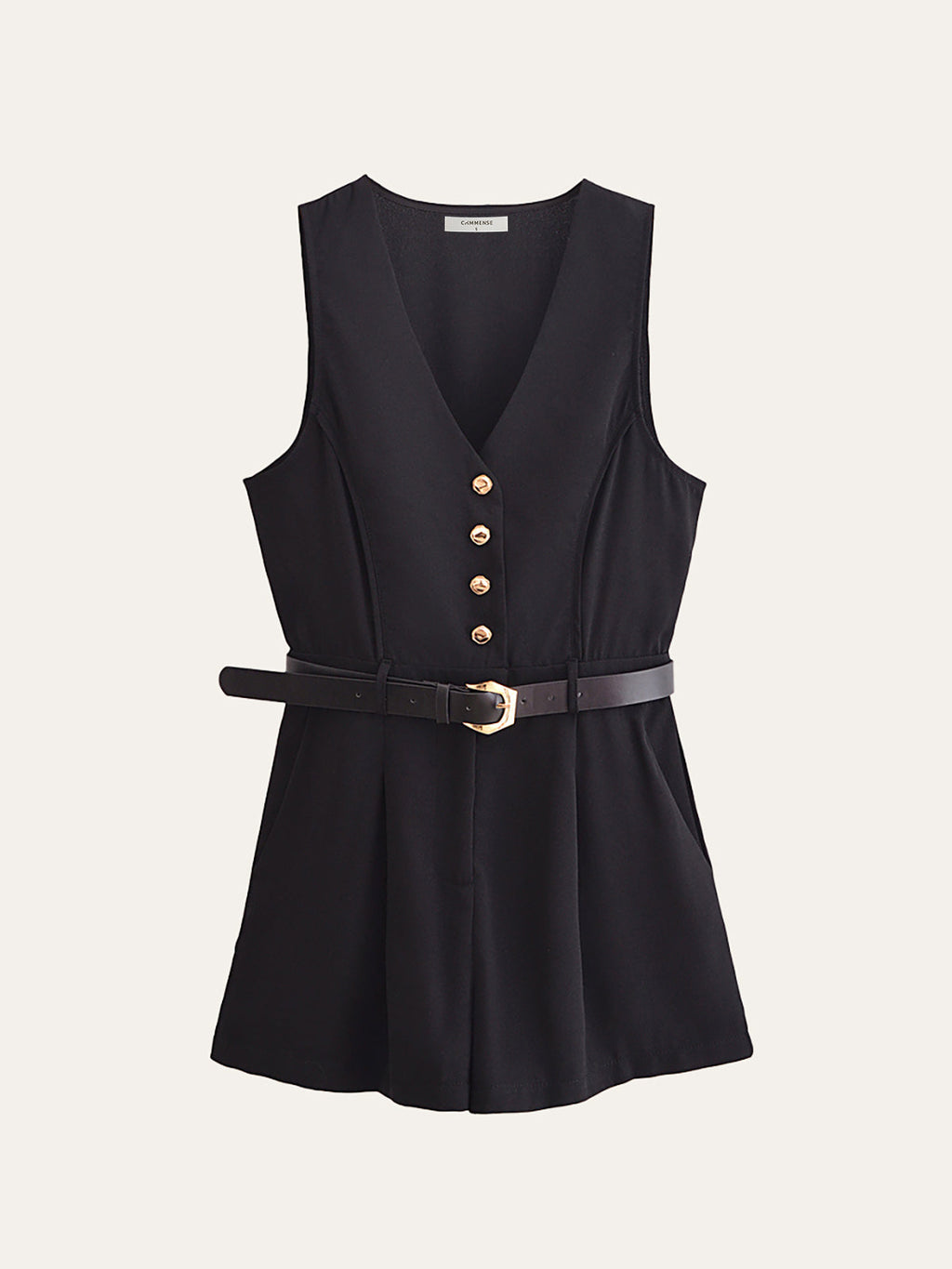 Gold Button Belted Jumpsuit in Black — Svelte Chic