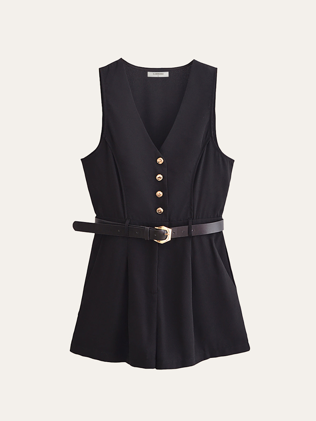 Gold Button Belted Jumpsuit in Black — Svelte Chic