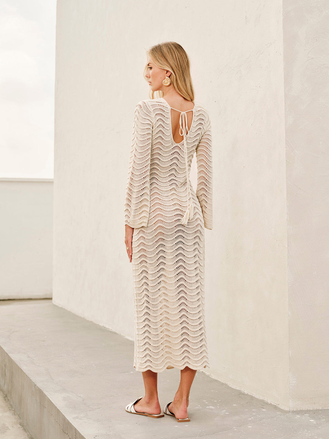 Şık Kesik Detaylı Bağcıklı Metalik Süveter Elbise