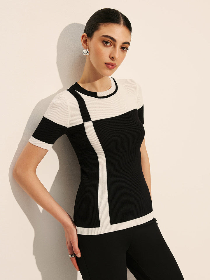 Şık Renk Bloklu Ribana Örgü Üst