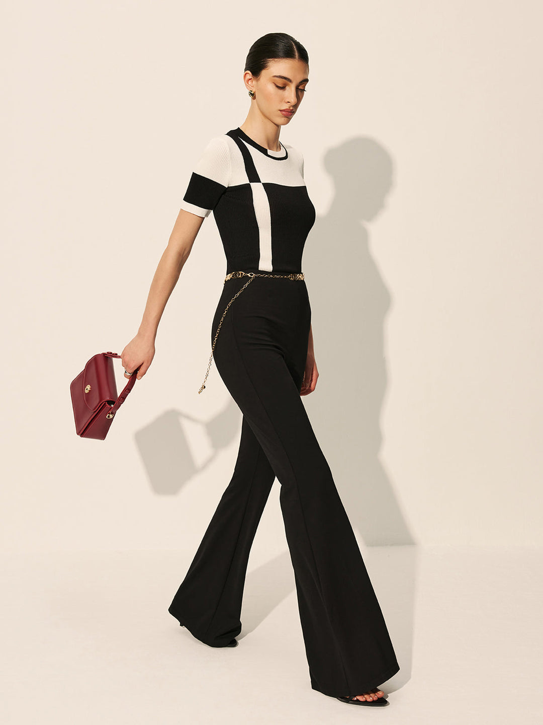 Şık Renk Bloklu Ribana Örgü Üst