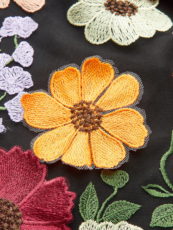 Canlı Çiçek Desenli Nakışlı Dantel Elbise