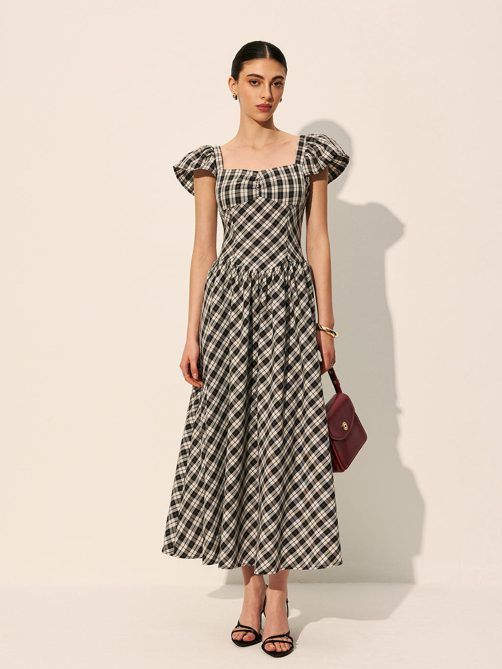 Checkerboard Puff Sleeve Maxi Dress — Svelte Chic